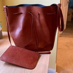 Large Mansur Gavriel bucket bag, brown with blue interior